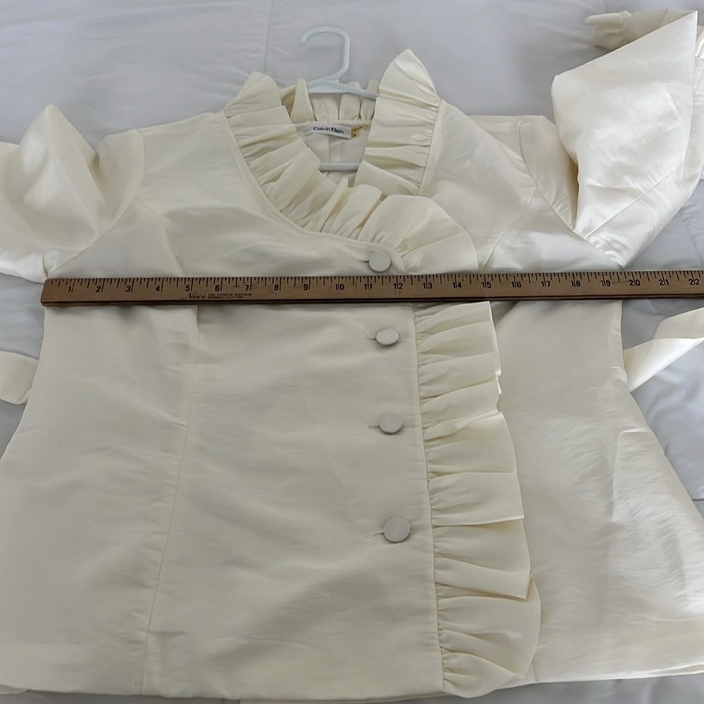 Women's Ruffle-Trim Cream Satin Jacket with Tie Waist - Picture 8 of 10
